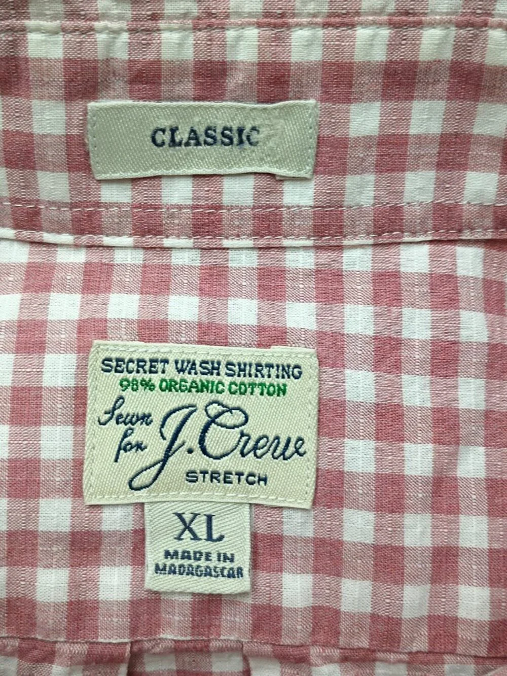 J.Crew Secret Wash Oxford Shirt XL Pink Gingham Organic Cotton Stretch Classic
